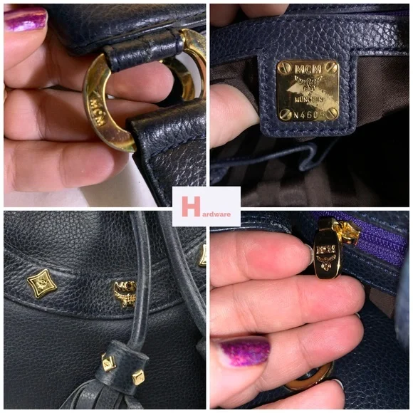 MCM BLUE LEATHER DRAWSTRING TOTE BAG WITH TASSEL & STUD DECORATIONS Totes